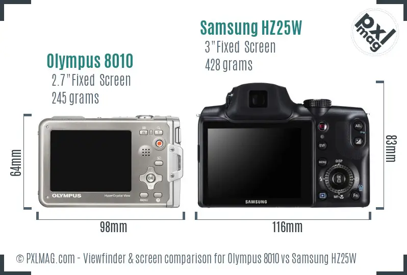 Olympus 8010 vs Samsung HZ25W Screen and Viewfinder comparison