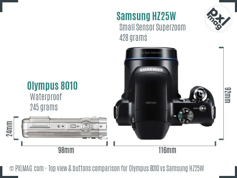 Olympus 8010 vs Samsung HZ25W top view buttons comparison