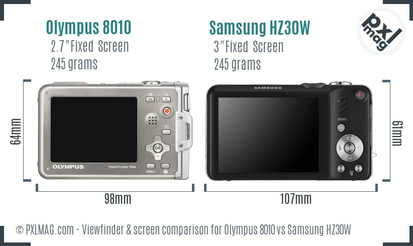 Olympus 8010 vs Samsung HZ30W Screen and Viewfinder comparison