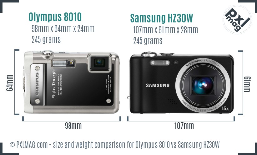 Olympus 8010 vs Samsung HZ30W size comparison