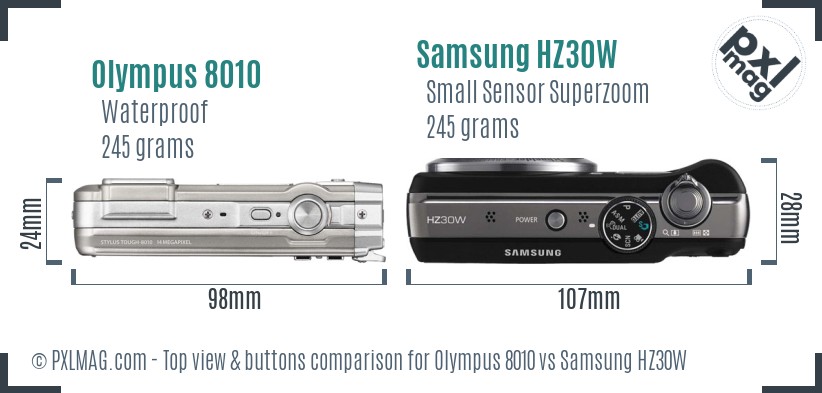 Olympus 8010 vs Samsung HZ30W top view buttons comparison