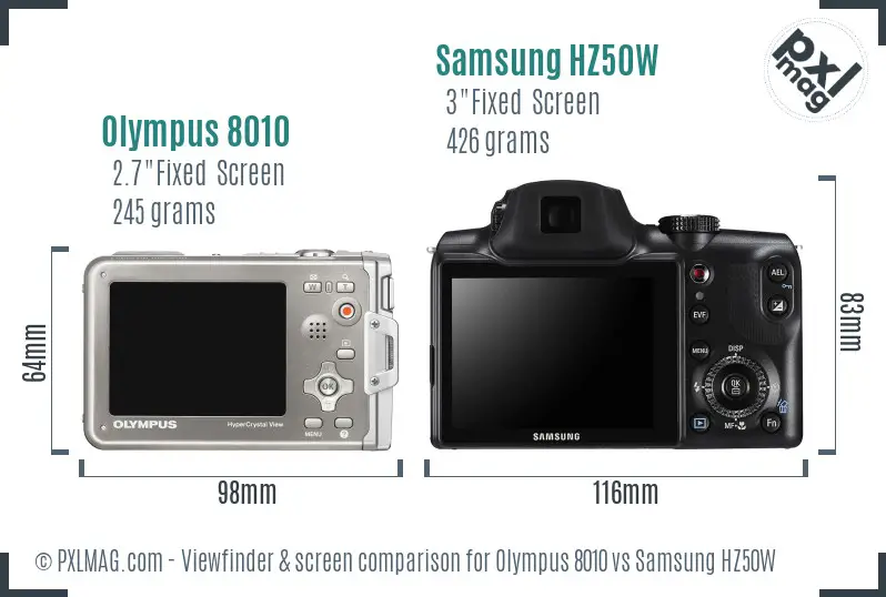 Olympus 8010 vs Samsung HZ50W Screen and Viewfinder comparison
