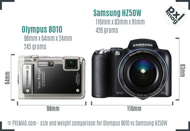 Olympus 8010 vs Samsung HZ50W size comparison