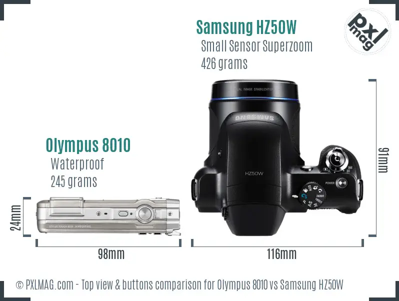 Olympus 8010 vs Samsung HZ50W top view buttons comparison