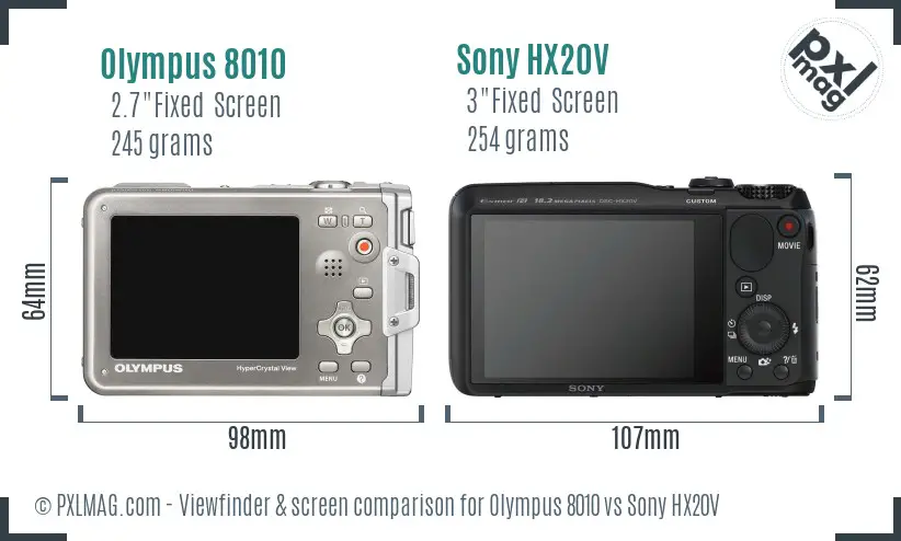 Olympus 8010 vs Sony HX20V Screen and Viewfinder comparison