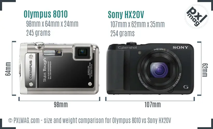 Olympus 8010 vs Sony HX20V size comparison