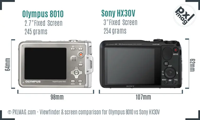 Olympus 8010 vs Sony HX30V Screen and Viewfinder comparison