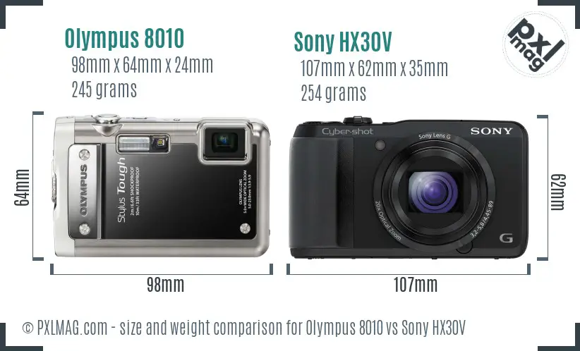 Olympus 8010 vs Sony HX30V size comparison
