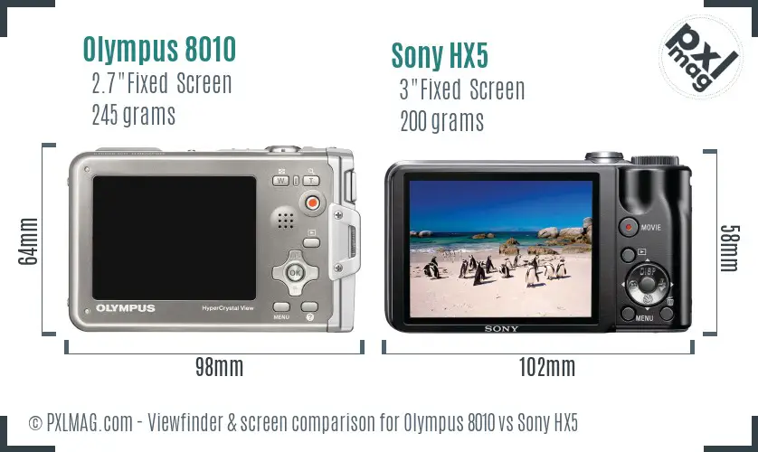 Olympus 8010 vs Sony HX5 Screen and Viewfinder comparison