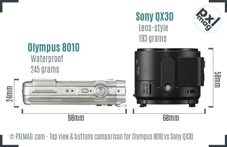Olympus 8010 vs Sony QX30 top view buttons comparison