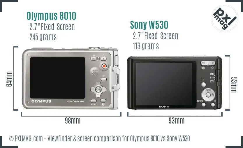 Olympus 8010 vs Sony W530 Screen and Viewfinder comparison