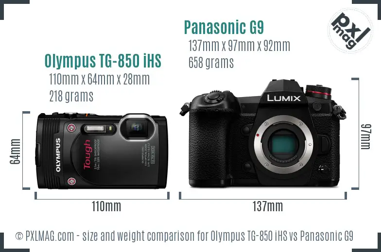 Olympus TG-850 iHS vs Panasonic G9 size comparison