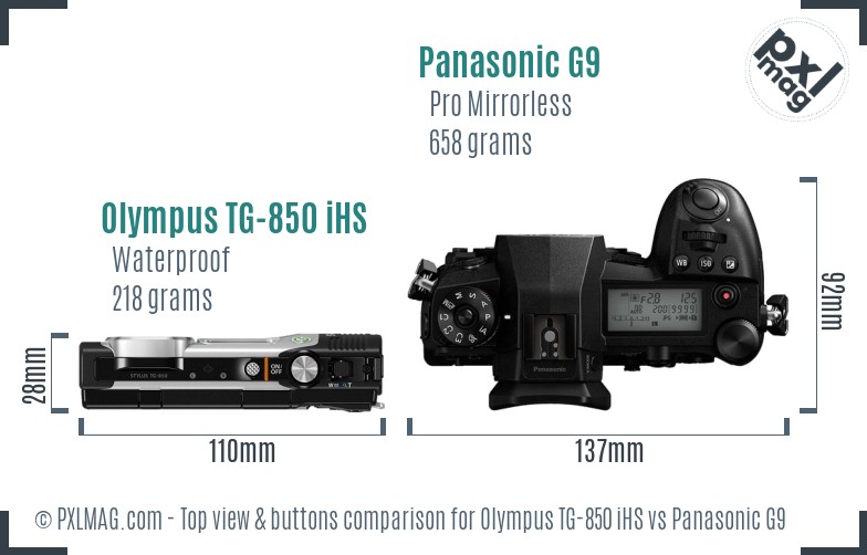 Olympus TG-850 iHS vs Panasonic G9 top view buttons comparison
