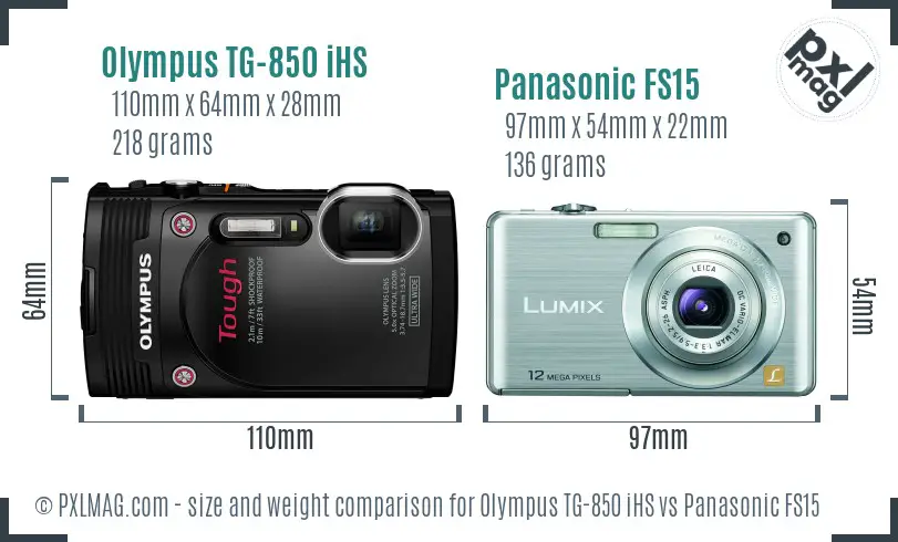 Olympus TG-850 iHS vs Panasonic FS15 size comparison
