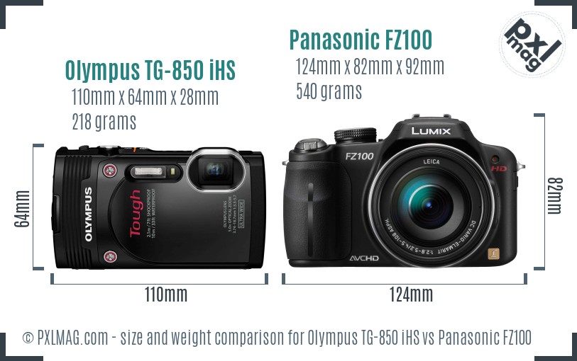 Olympus TG-850 iHS vs Panasonic FZ100 size comparison