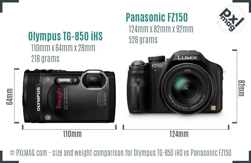 Olympus TG-850 iHS vs Panasonic FZ150 size comparison Olympus TG-850 iHS vs Panasonic FZ150 size comparison