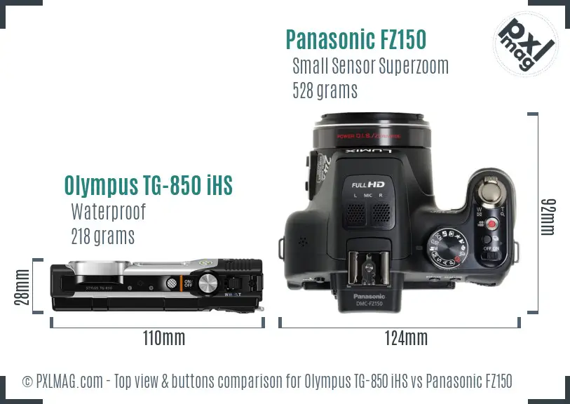 Olympus TG-850 iHS vs Panasonic FZ150 top view buttons comparison Olympus TG-850 iHS vs Panasonic FZ150 top view buttons comparison