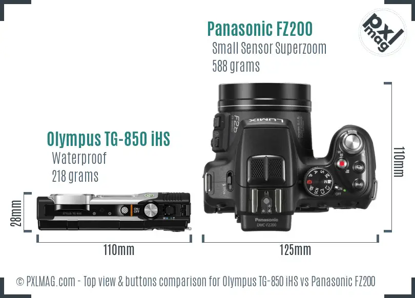 Olympus TG-850 iHS vs Panasonic FZ200 top view buttons comparison Olympus TG-850 iHS vs Panasonic FZ200 top view buttons comparison