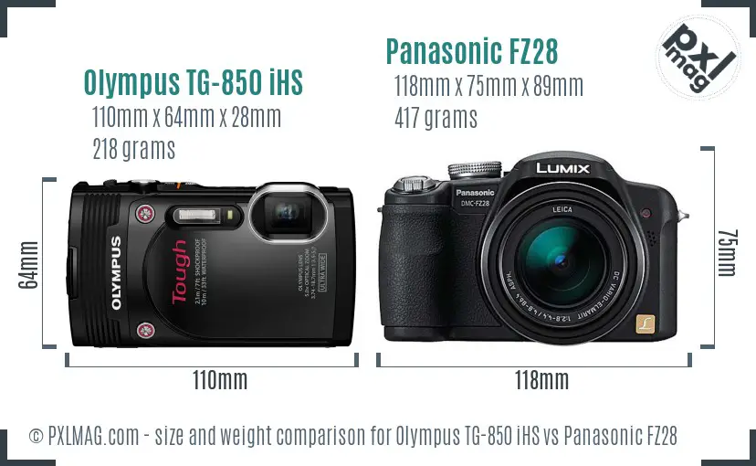Olympus TG-850 iHS vs Panasonic FZ28 size comparison Olympus TG-850 iHS vs Panasonic FZ28 size comparison