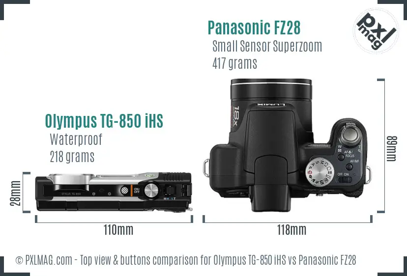 Olympus TG-850 iHS vs Panasonic FZ28 top view buttons comparison Olympus TG-850 iHS vs Panasonic FZ28 top view buttons comparison