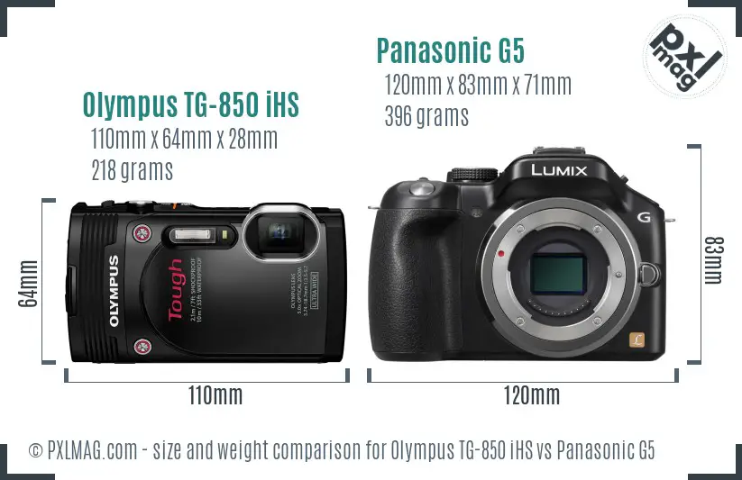 Olympus TG-850 iHS vs Panasonic G5 size comparison