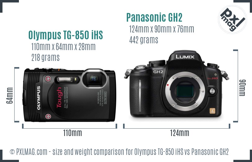 Olympus TG-850 iHS vs Panasonic GH2 size comparison