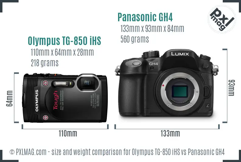 Olympus TG-850 iHS vs Panasonic GH4 size comparison