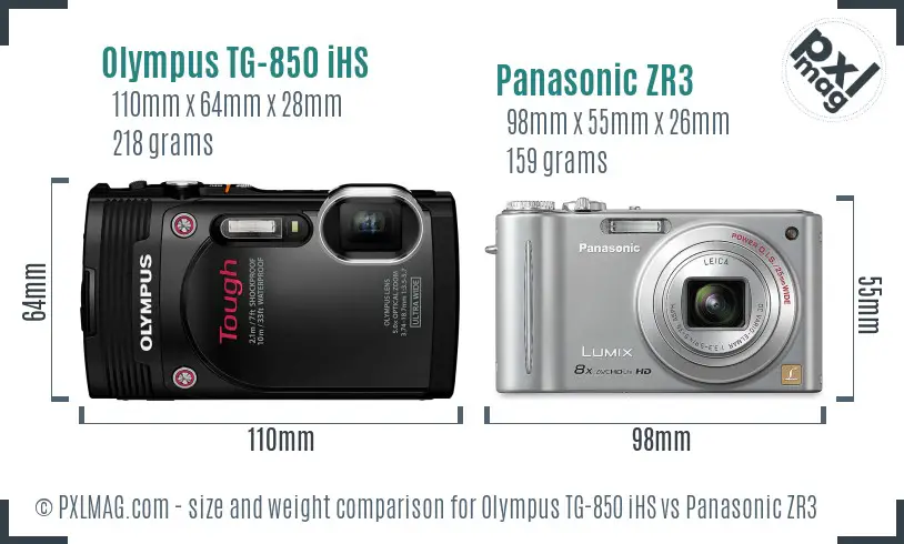 Olympus TG-850 iHS vs Panasonic ZR3 size comparison
