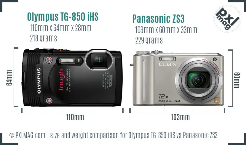 Olympus TG-850 iHS vs Panasonic ZS3 size comparison