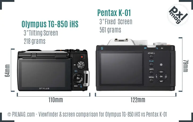 Olympus TG-850 iHS vs Pentax K-01 Screen and Viewfinder comparison