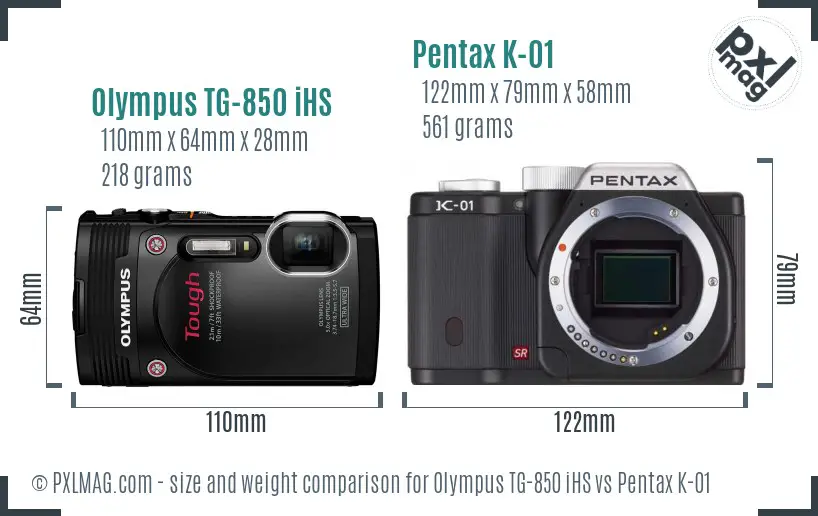 Olympus TG-850 iHS vs Pentax K-01 size comparison