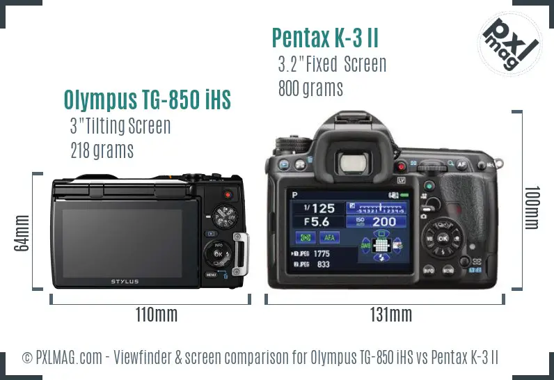 Olympus TG-850 iHS vs Pentax K-3 II Screen and Viewfinder comparison