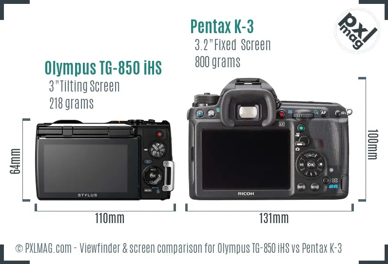 Olympus TG-850 iHS vs Pentax K-3 Screen and Viewfinder comparison