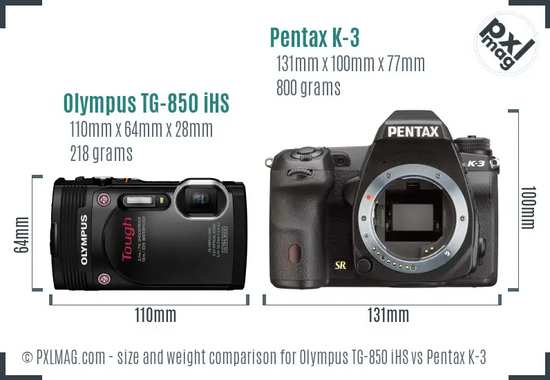 Olympus TG-850 iHS vs Pentax K-3 size comparison