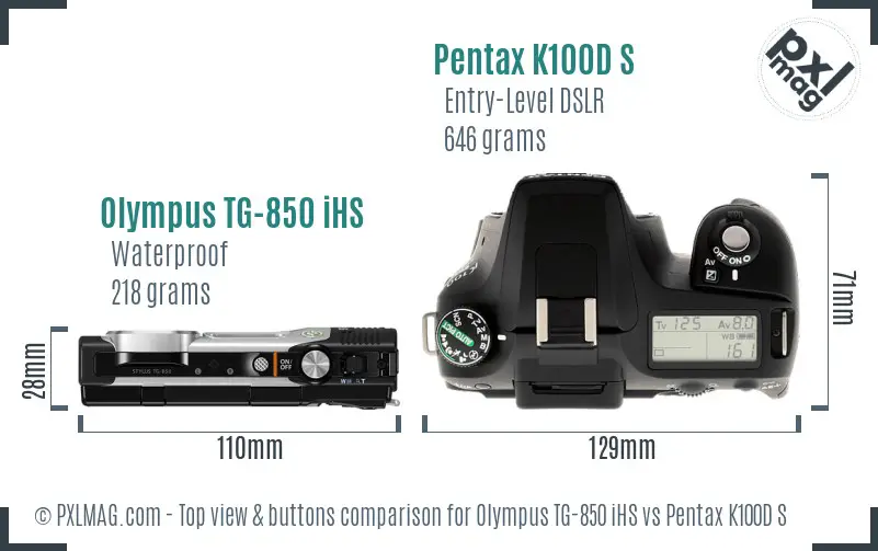 Olympus TG-850 iHS vs Pentax K100D S top view buttons comparison