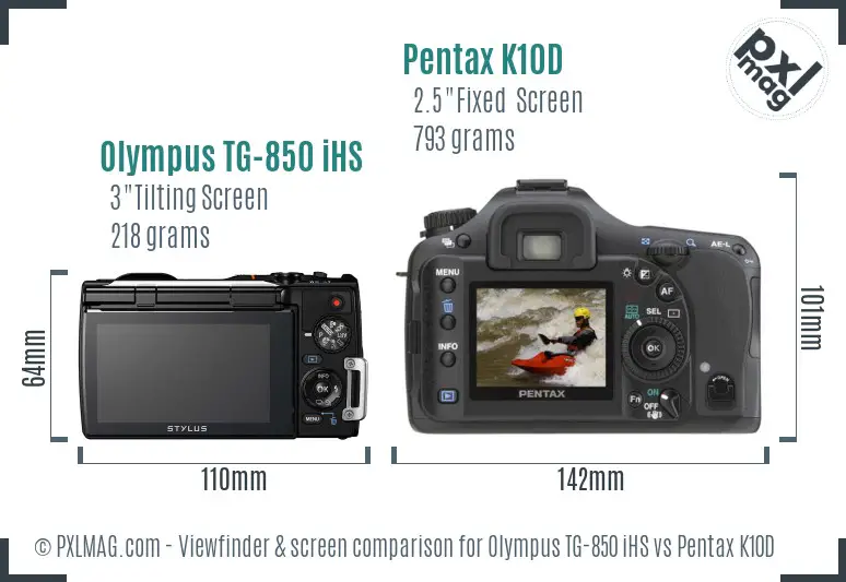 Olympus TG-850 iHS vs Pentax K10D Screen and Viewfinder comparison
