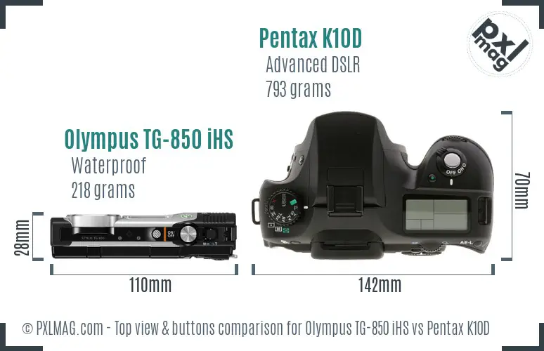 Olympus TG-850 iHS vs Pentax K10D top view buttons comparison