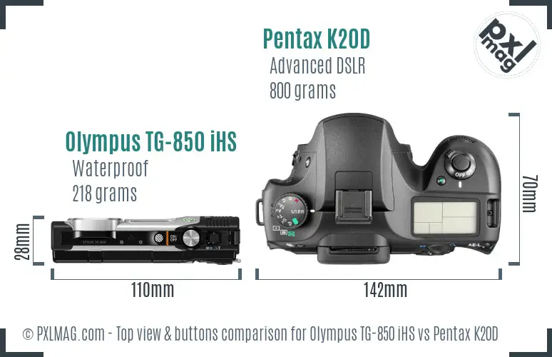 Olympus TG-850 iHS vs Pentax K20D top view buttons comparison Olympus TG-850 iHS vs Pentax K20D top view buttons comparison