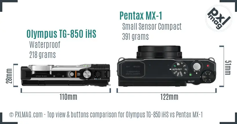 Olympus TG-850 iHS vs Pentax MX-1 top view buttons comparison