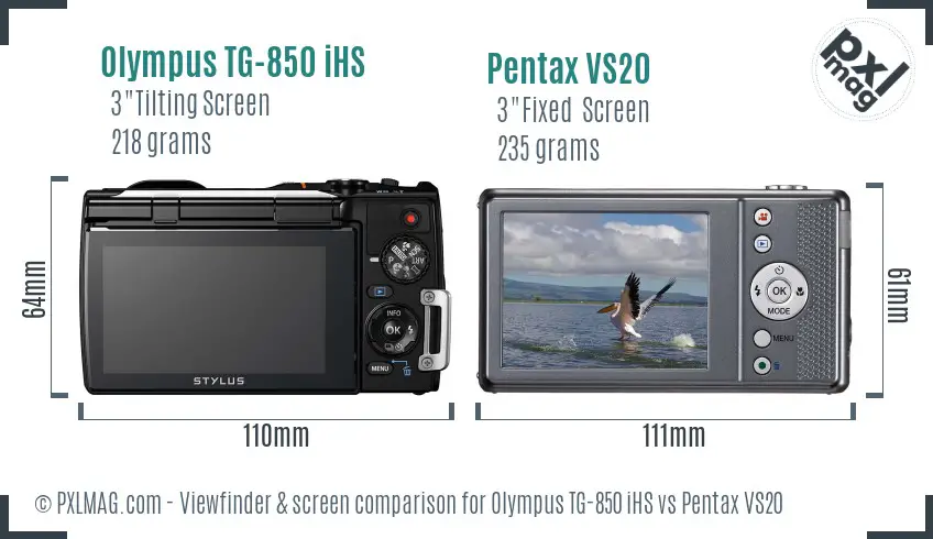 Olympus TG-850 iHS vs Pentax VS20 Screen and Viewfinder comparison