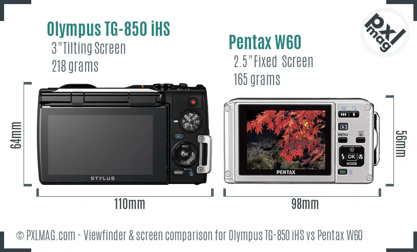 Olympus TG-850 iHS vs Pentax W60 Screen and Viewfinder comparison