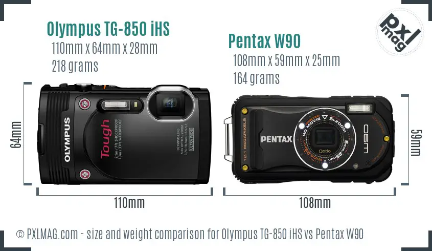 Olympus TG-850 iHS vs Pentax W90 size comparison