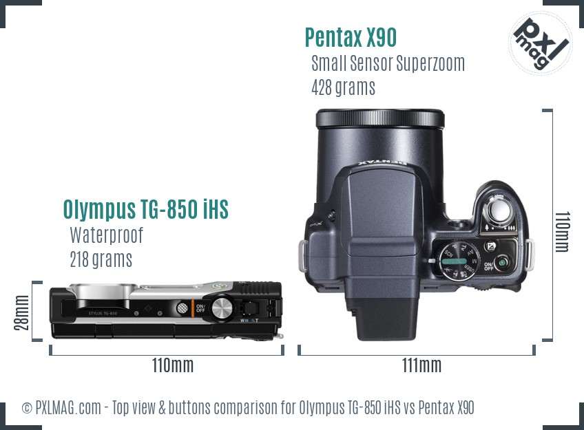 Olympus TG-850 iHS vs Pentax X90 top view buttons comparison