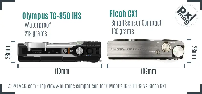 Olympus TG-850 iHS vs Ricoh CX1 top view buttons comparison