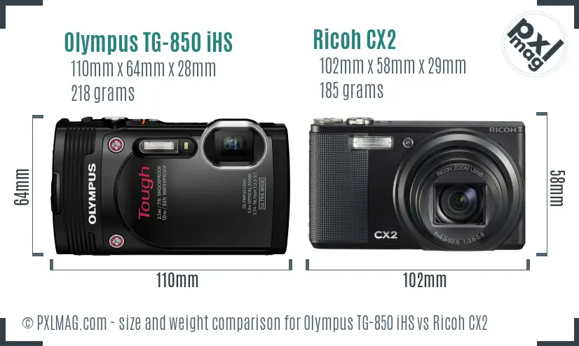 Olympus TG-850 iHS vs Ricoh CX2 size comparison