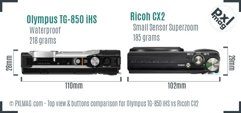 Olympus TG-850 iHS vs Ricoh CX2 top view buttons comparison