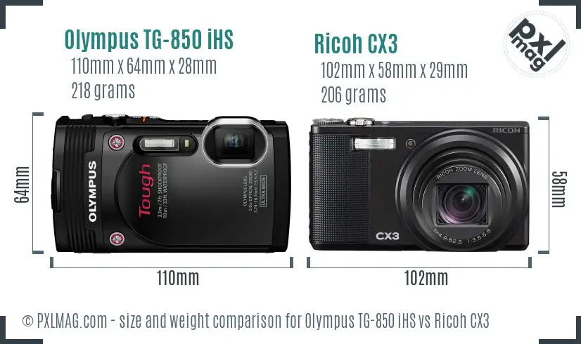 Olympus TG-850 iHS vs Ricoh CX3 size comparison