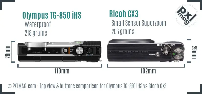 Olympus TG-850 iHS vs Ricoh CX3 top view buttons comparison