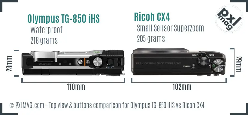 Olympus TG-850 iHS vs Ricoh CX4 top view buttons comparison