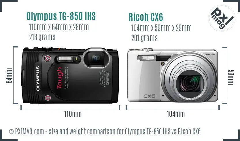 Olympus TG-850 iHS vs Ricoh CX6 size comparison